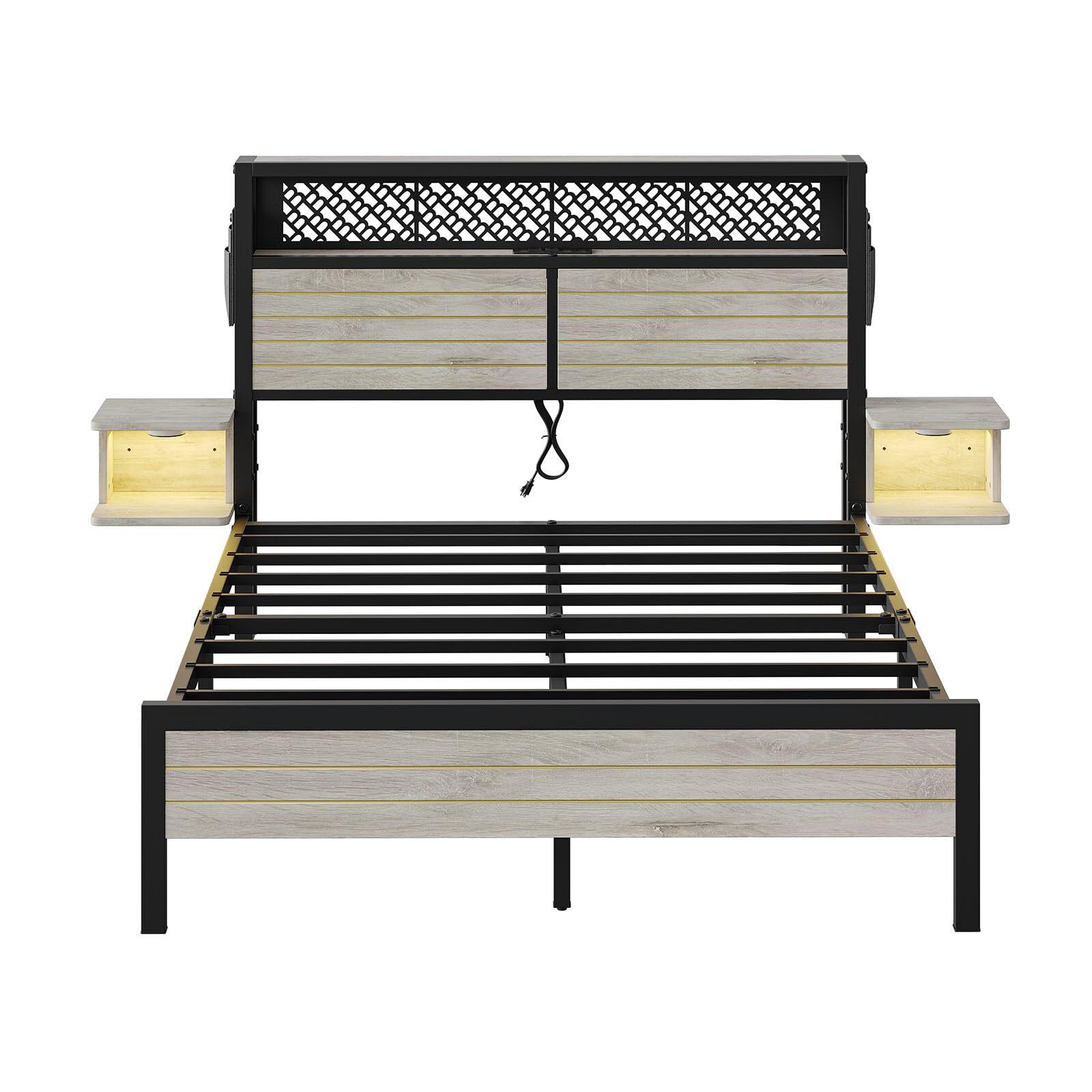 Full Bed Frame with Golden Stripe Headboard LED Nightstand and Storage-image