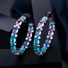 Beauty Big Circle Round Black Gold Plated Multi Color Blue CZ Women Hoop Earring