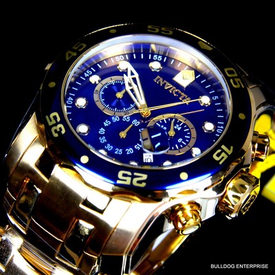 Mens Invicta Pro Diver Scuba Blue 18kt Gold Plated Steel Chronograph Watch New