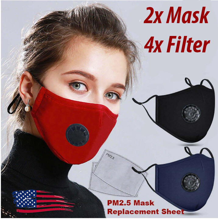 2x Reusable Black Cotton Face Mask with valve + 4x PM2.5 Carbon Filters
