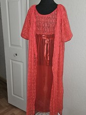 Vintage Hollywood Glam Peignoir Chiffon  Lace Nightgown Set Coral Union Label