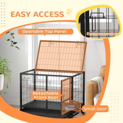 PawHut 36" Heavy Duty Dog Crate on Wheels w/ Bowl Holder, Removable Tray - Picture 4 of 11