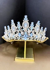 Silver Crystal Tiara, Bridal Flower Tiara, Blue Gemstone Tiara, Wedding Headband