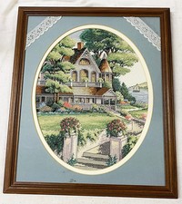 VTG HANDMADE VICTORIAN HOUSE CROSS STITCH WOODEN PICTURE FRAMED 20"X17"