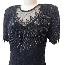 Vintage 80s Beaded Sequin Silk Black Gown Maxi Dress Formal Evening Cocktail NYE