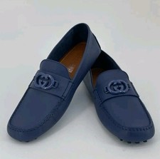 New Gucci Loafers Blue Interlocking GG Logo Mens Leather Shoes Moccassins UK10.5