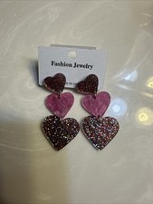 Heart Dangle Earrings Three Tier Hot Pink Glitter Valentine's Shiny Sparkle Cute