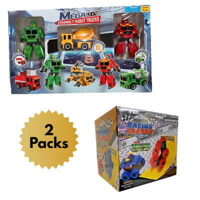 6-in-1 STEM Transforming Robot Truck + 4WD Friction Monster Race Car Track Set