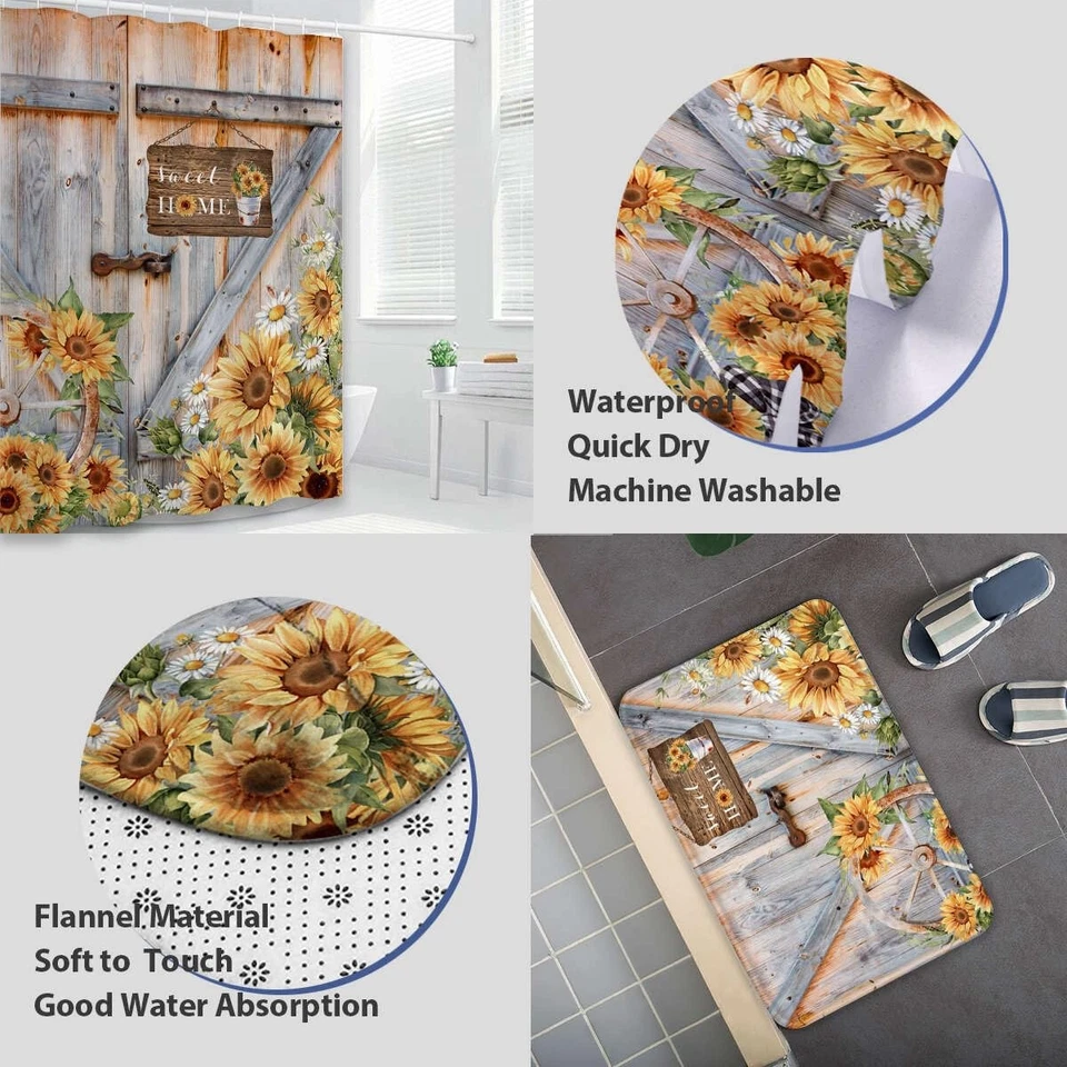 Juego de 4 cortinas de ducha de girasol con alfombras rústicas puerta de granero juego de baño H... Foto 3 de 4