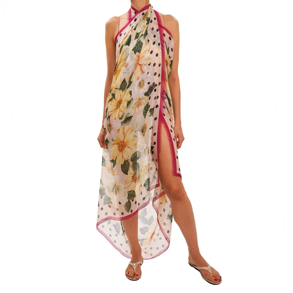 DOLCE & GABBANA Seda Flor Lunares Pareo Bufanda Foulard Rosa Verde 13056 Foto 4 de 4