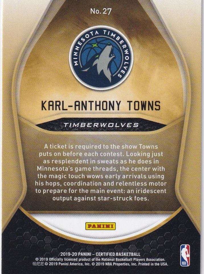 2019-20 CERTIFIED GOLD TEAM INSERTS KARL-ANTHONY TOWNS TIMBERWOLVES - D1388 - Image 2 of 2