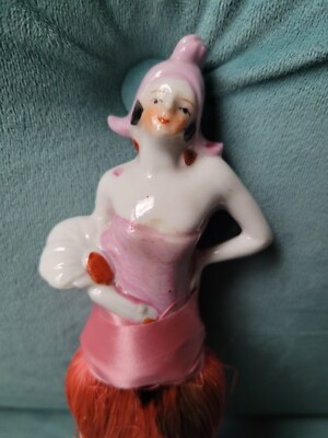 Antique Porcelain Half Doll Girl Art Deco Brush Doll Flapper Pink Bristles