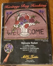 Vintage Welcome Basket Of Flowers Heritage Primitive Rug Hooking Kit & Hook Tool