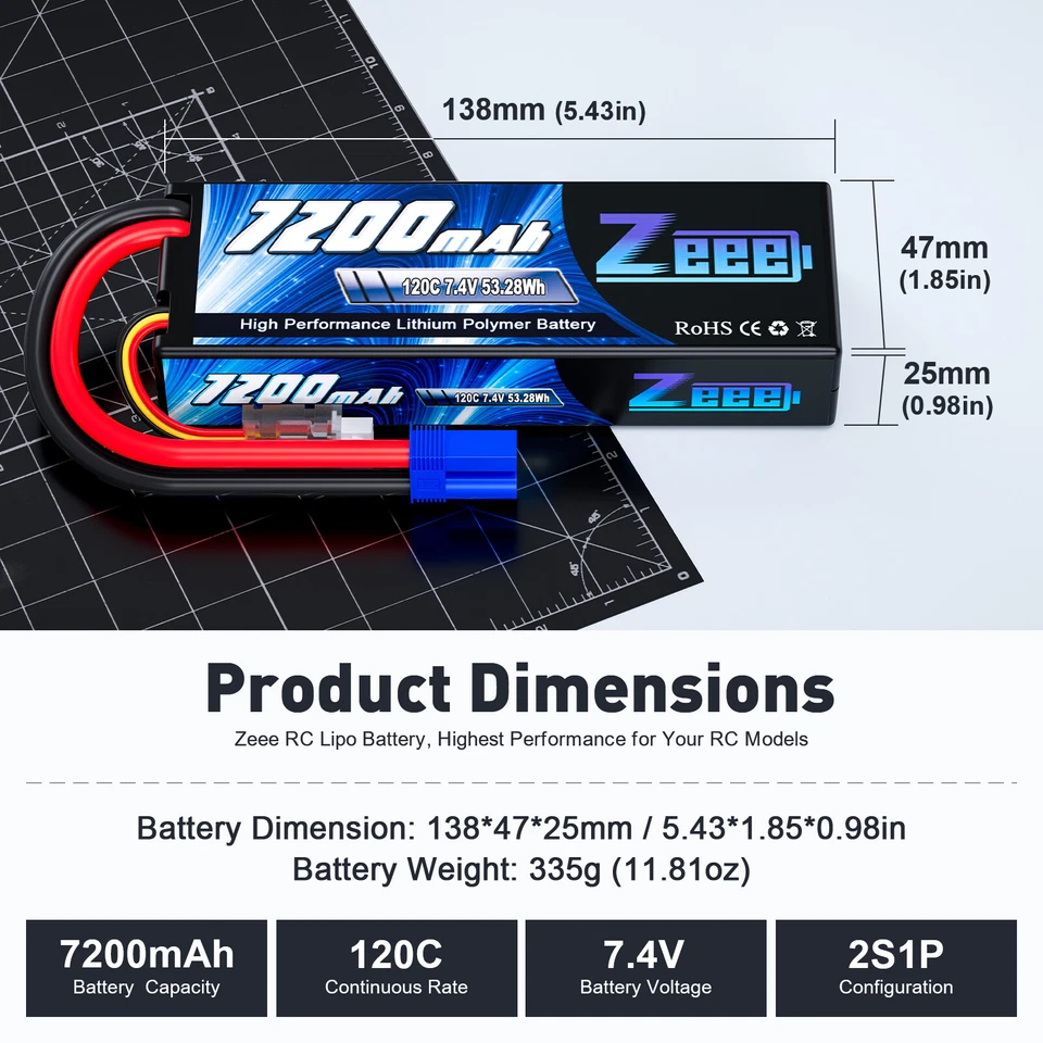 2x Zeee 7.4V 120C 7200mAh 2S Lipo Batería EC5 para RC Coche Camión Tanque Truggy Buggy Foto 3 de 4