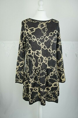 Zara Knit Gold KETTENPRINT Schwarz KLEID Rundhals Langarm Rüschen Gr. S