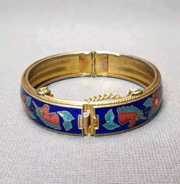Bangle Bracelet Hinged Cuff Unicorns Flowers Cloisonne Enamel Goldtone