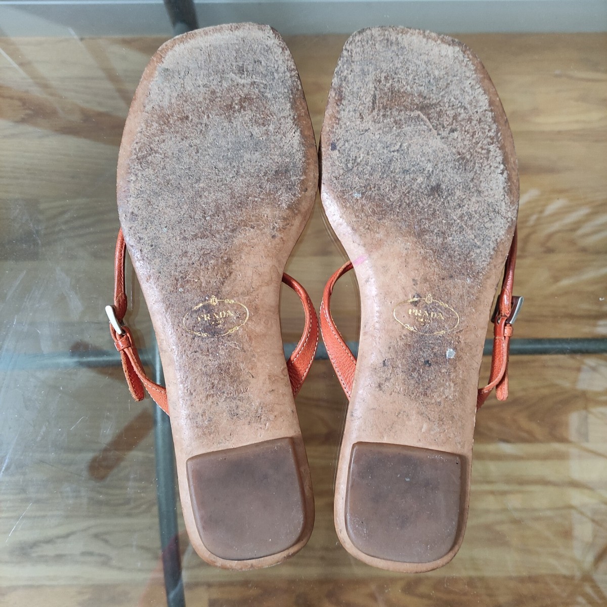 Pradaプラダオレンジミュールサンダル35.5 Prada Orange Thong Sandals Square Toe Leather Women's 39 | eBay