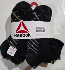 Men's Reebok Low Cut Socks Black Moisture Control Stretch Cushion Pack of 6 NWT