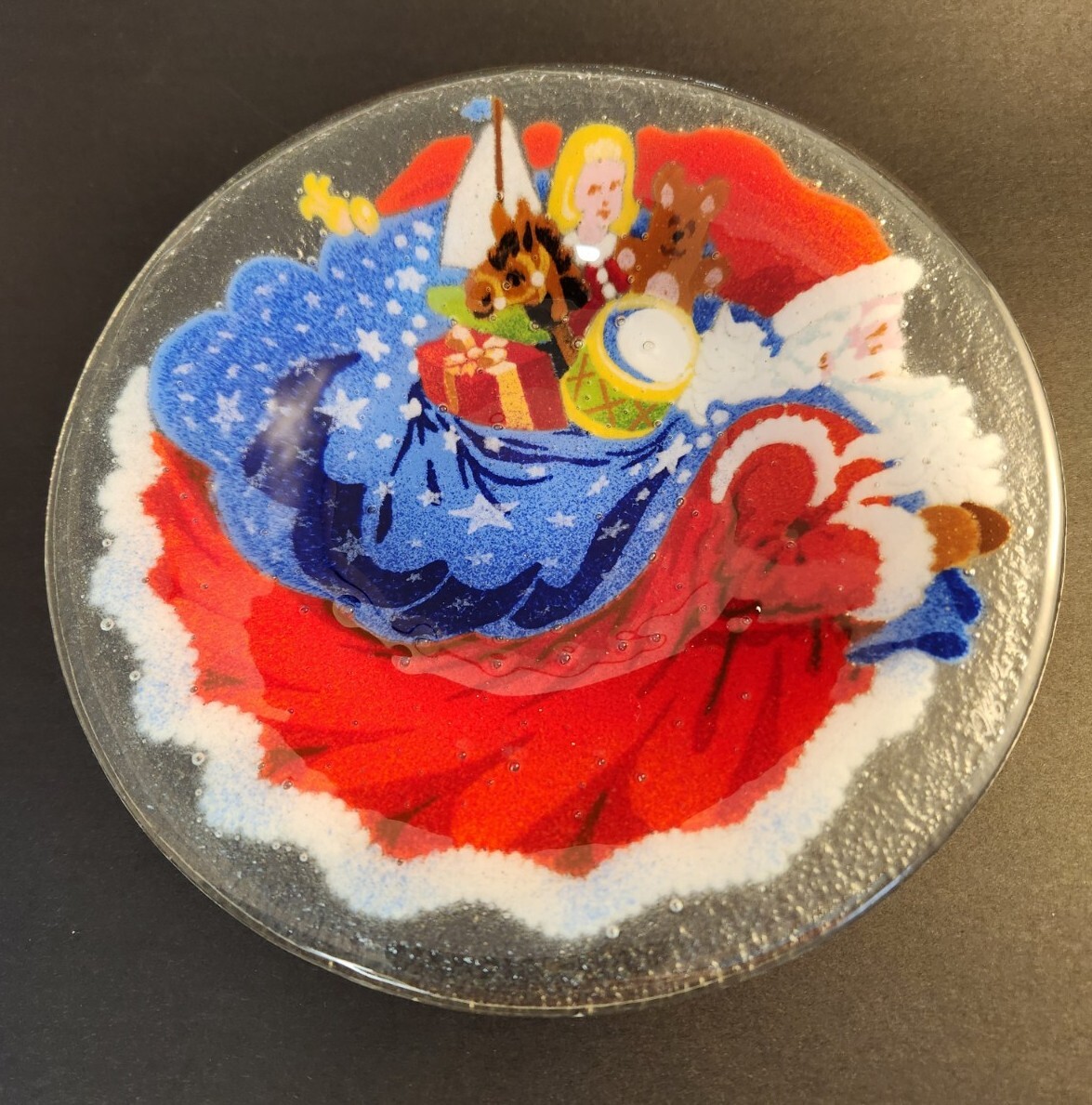 【Peggy Karr】USA  作家  ガラスプレート  大作  サインあり Peggy Karr Signed Fused Art Glass Father Christmas Santa