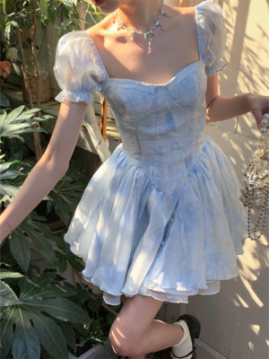 Summer Mini Dress Women French Vintage Fairy Chiffon Dress Tie Dye