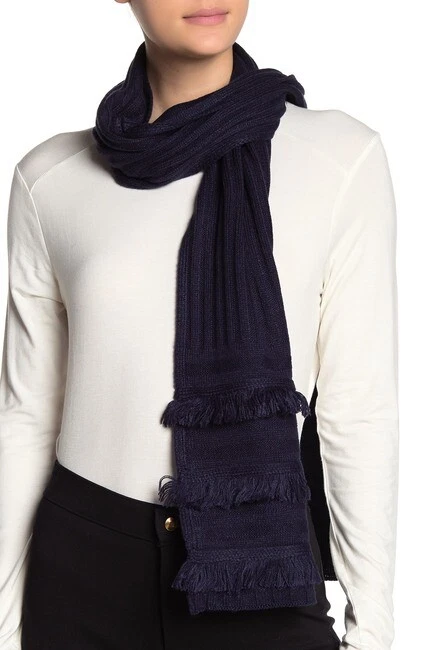 NWT New MICHAEL KORS Rib Fringe Muffler Scarf True Navy Blue Knit