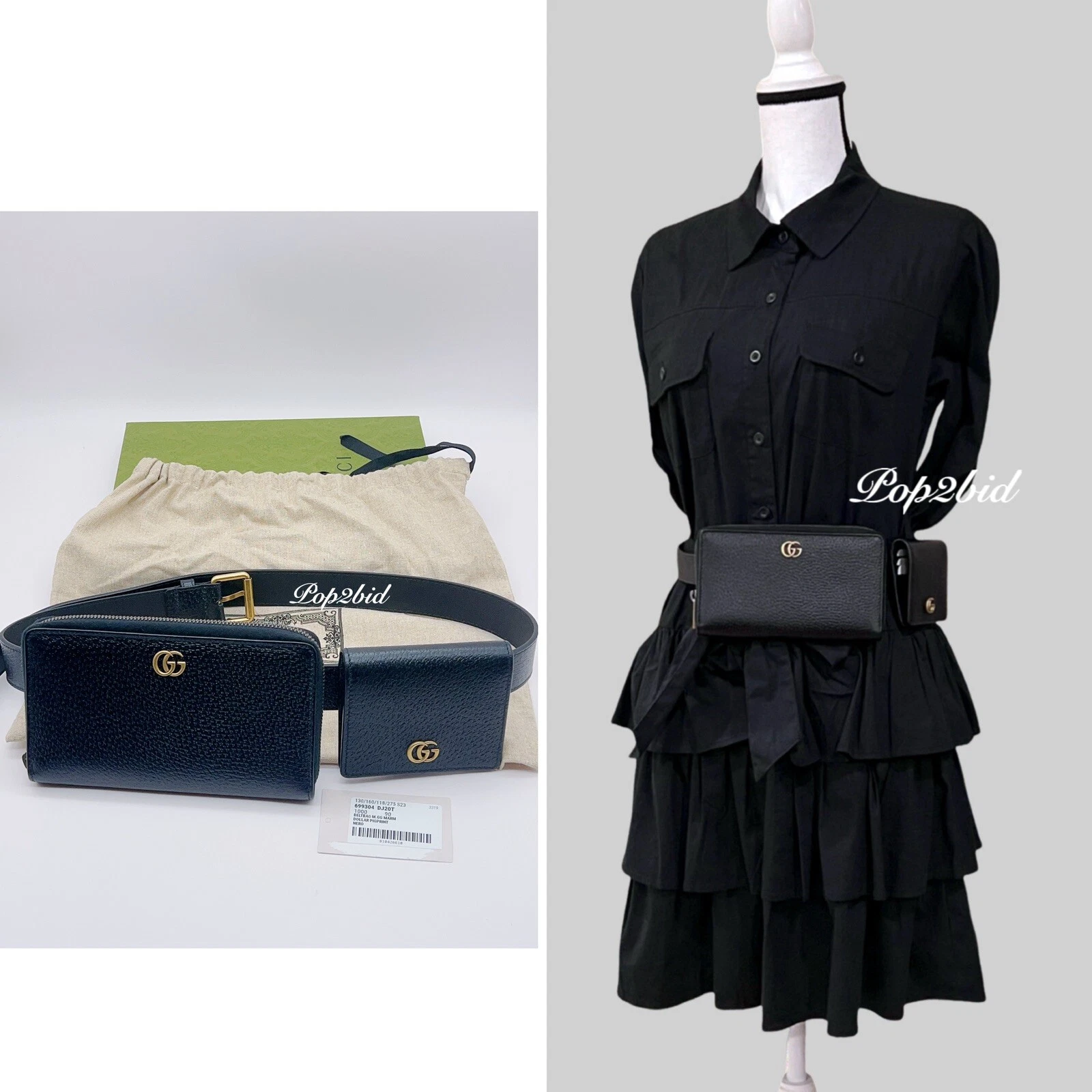 Neuf avec étiquettes sac ceinture en cuir de veau unisexe authentique Gucci Marmont 3 voies en noir taille 90/36