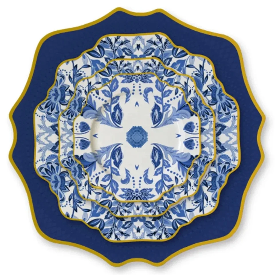 Exquisites Luxus Blau Blumengeschirr mit Goldrand