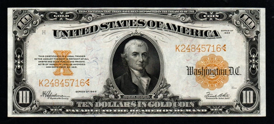 1922 $10 GRANDE Tamaño CRISP VF+/XF Hermoso CERTIFICADO DORADO! Foto 2 de 3