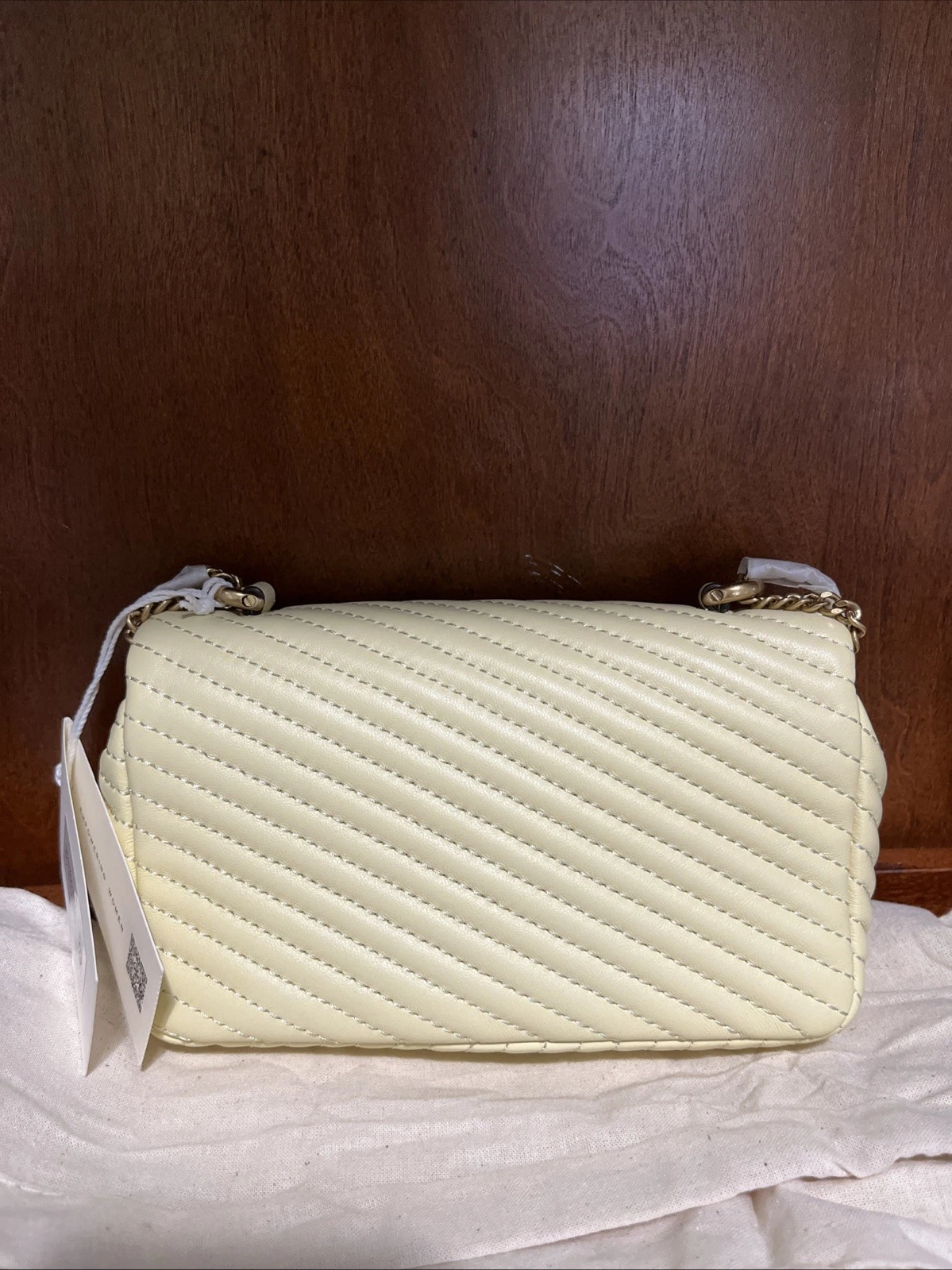 Borsa a tracolla Tory Burch Kira Moto Quilt Mini Flap in pelle limone nuova con etichette