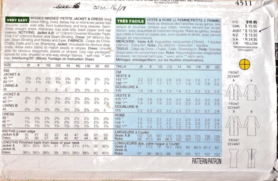 Butterick Pattern - Jacket & Dress #4511 Sz 12-16. UNCUT - image 3 of 4