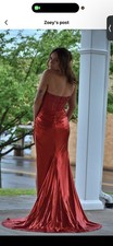 Red Satin Beaded Strapless Mermaid Long Dress with Side Slit
