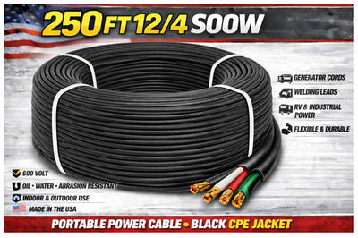 250 FT 12/4 SOOW Cord 12 AWG 4 Wire 600V Heavy Duty Indoor Outdoor UL CSA