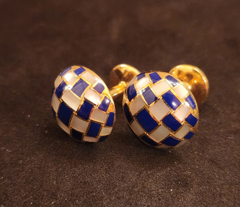 Tiffany 18k Cufflinks Inlaid w/ Lapis Lazuli and Mother of Pearl
