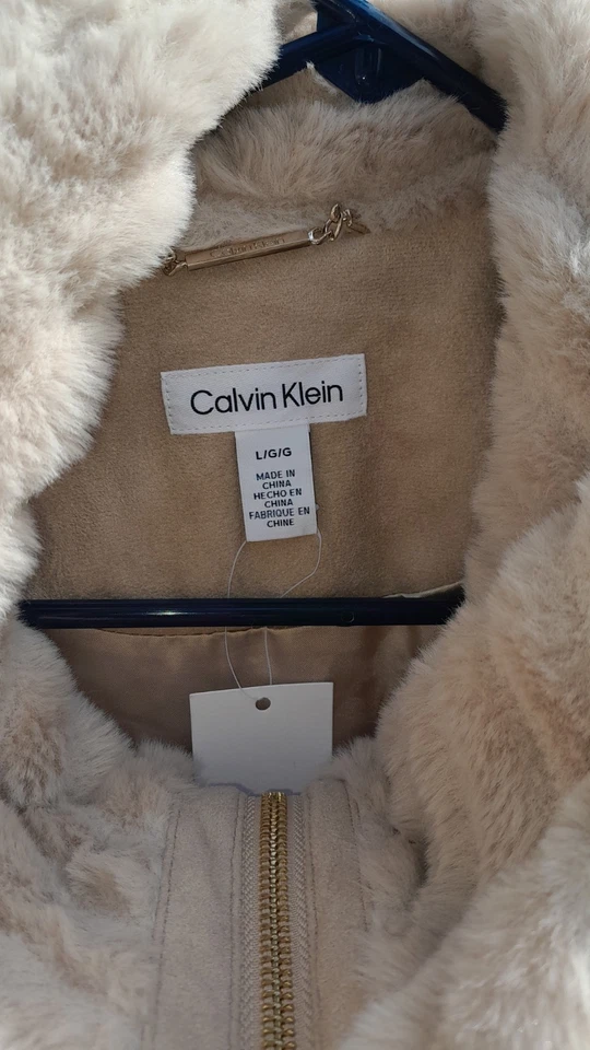 Chaleco para mujer Calvin Klein grande beige imitación piel cremallera frontal bolsillos delanteros nuevo con etiquetas Foto 2 de 4