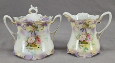 Antique RS Prussia Pink Roses In Basket Purple Yellow Gold Creamer Sugar