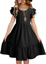 Girls Summer Dresses Ruffle Sleeve Casual Dress Size 6-15 Years  Kids Solid Chi