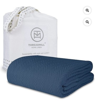 Threadmill Folkstone Blue 100% Cotton Twin Herringbone All-Season Blanket