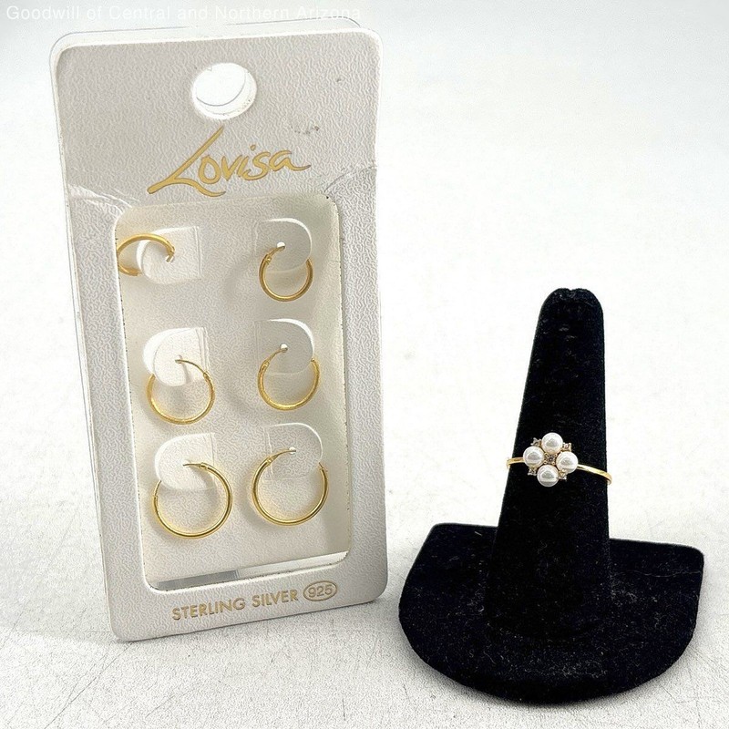 925 Sterling Silver/Vermeil Hoop Earring Set & Size 7 Faux Pearl/CZ Ring 3.83g