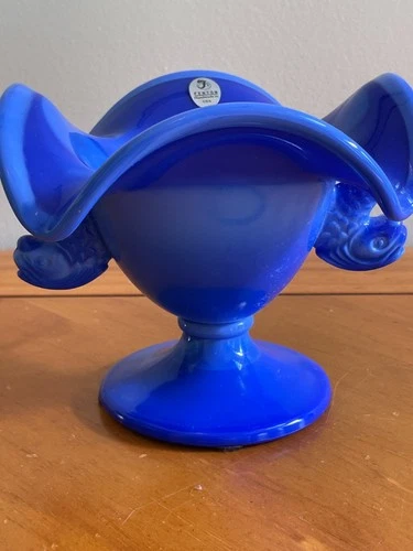 Vintage Fenton 1970s Periwinkle Blue Dolphin Head Handle Compote Pedestal Bowl