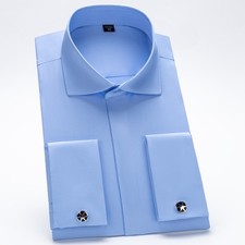 Men's Windsor Collar Long Sleeve Wrinkle-Free Solid French Cuff Tuxedo Shirt