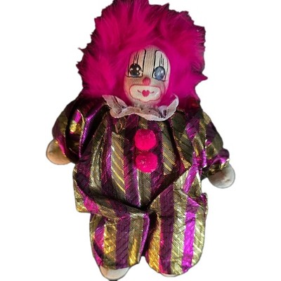 CLOWN WITH TAG HAND MADE PAINTED SAND FILLED DOLL FUCIA RABBIT HAIR VTG 8''