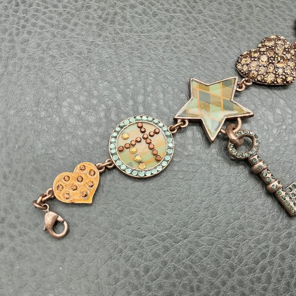 Pilgrim Charm Bracelet Womens Adjustable Copper Tone Rhinestone Heart Star Key - Image 4 of 4