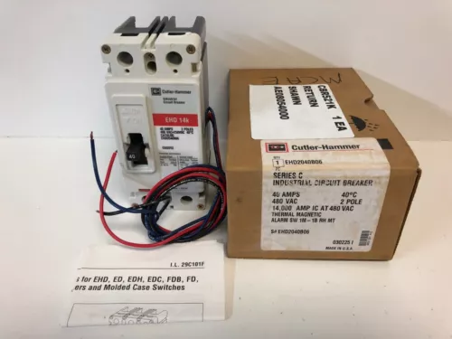 NEW! CUTLER-HAMMER 40A 480V 2-POLE CIRCUIT BREAKER W/ ALARM SW 1M-1B EHD2040B06