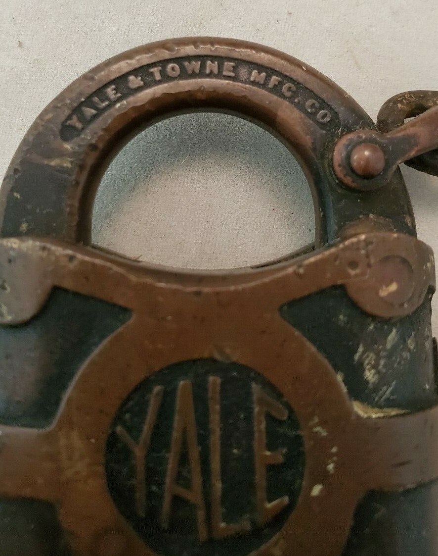 Antique Yale & Towne Brass Lock Padlock with Chain Y&T Logo on Back
