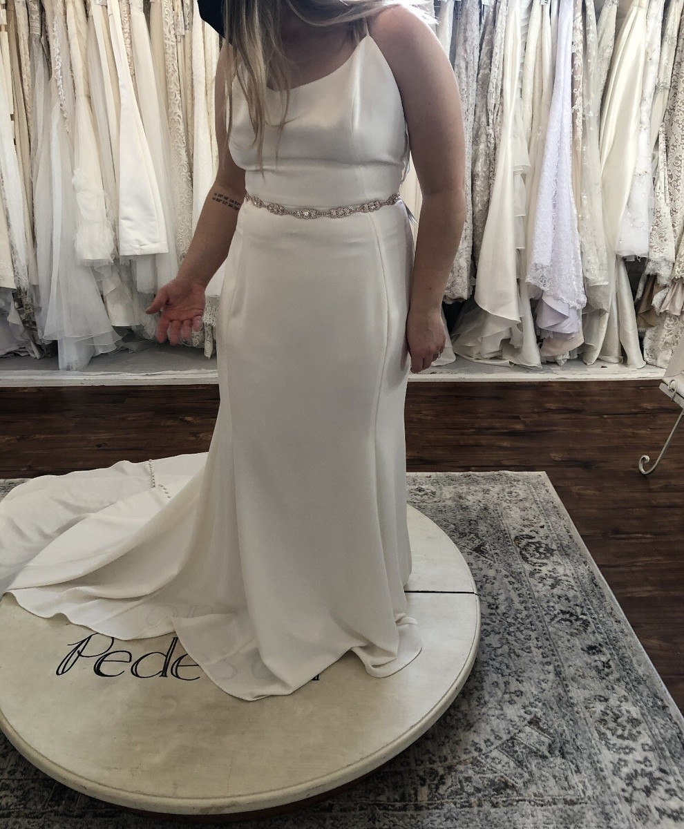 Nouvelle Amsale “Audrey” New Ivory Crepe Racerback Wedding Gown with Buttons