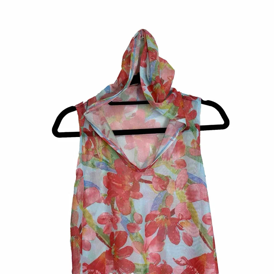 Athena Women's Sheer Mesh Swimwear Cover-Up Dress Size Medium Floral Hooded Top - Image 2 of 4