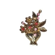 Vintage Gold Tone Floral Vase Rhinestones Brooch Pin Womens Costume Jewelry
