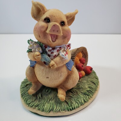 Doremi 1994 Pig Figurine Piggy with Flowers and Bushel of Apples Fall Decor