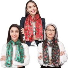 CBC Crown 3 PC 13"x60" Christmas Gift Theme Silk Feeling Scarfs, Made in Korea
