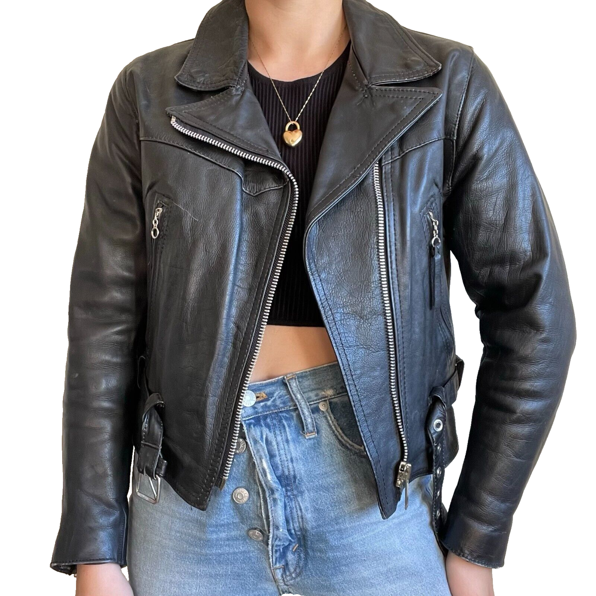 Vintage 90s Womens ICS New York Black Leather Biker Moto Vintage 90s Womens ICS New York Black Leather Biker Moto